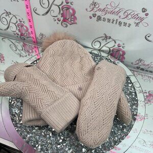 Lululemon 3 piece beanie & glove set tan beige cozy chunky-knit pink mittens fur